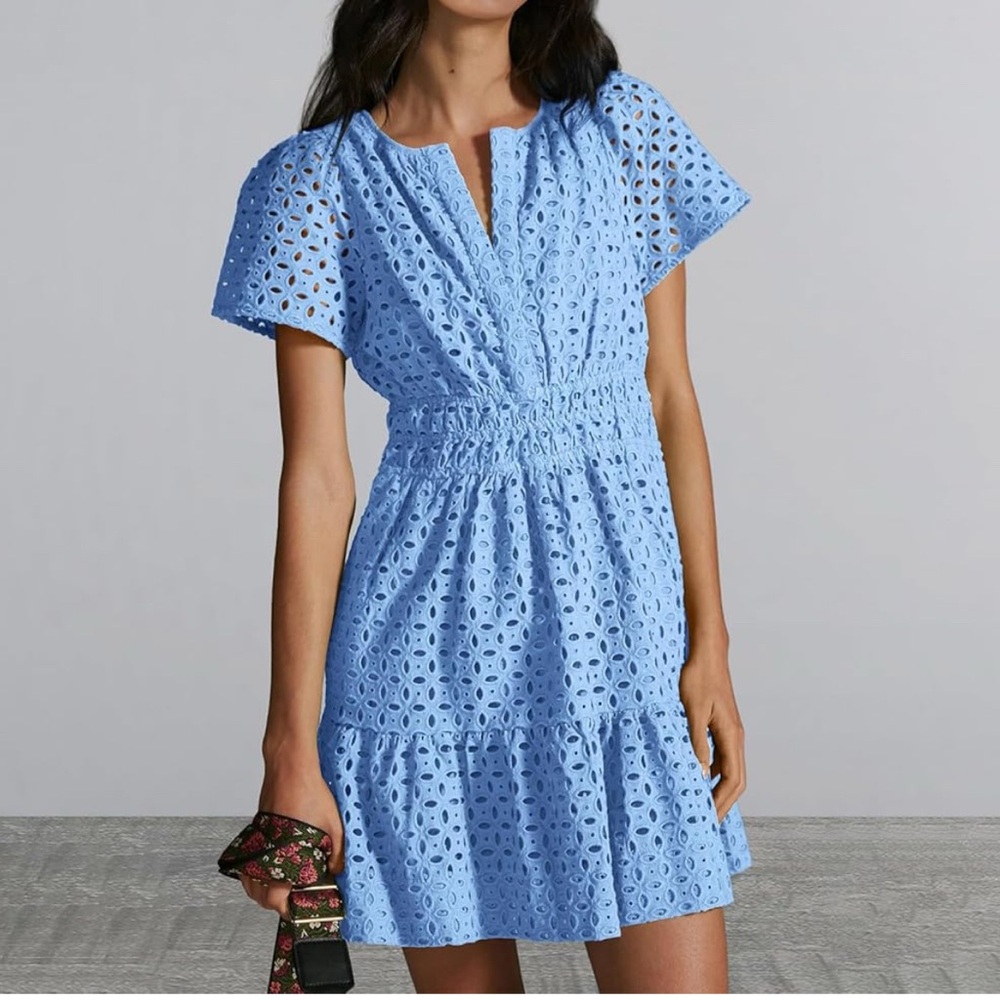 Light Blue Eyelet Dress lined size large like new a line knee length